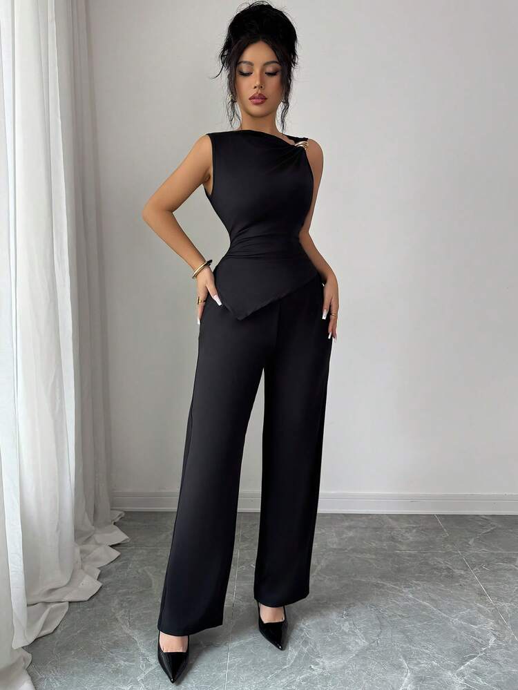 Elenzga Nuevo conjunto de 2 piezas de punto versátil para casual y trabajo de mujer con blusa sin mangas asimétrica, decoración de botones en la cintura y pliegues - Negro - Añade 6