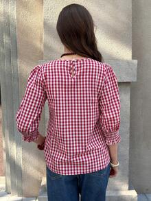 Solivie Blusa casual de mujer con cuello redondo, mangas abultadas y estampado de cuadros, para verano - Rojo y blanco - Ver 3