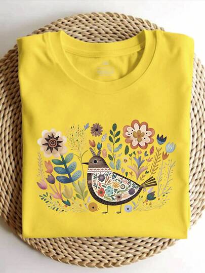 EMERY ROSE Damen Große Größen Sommer Tops im Boho-Folkart-Stil mit Vogel-, Blumen- und Blumendruck, lässiges Kurzarm Rundhals T-Shirt