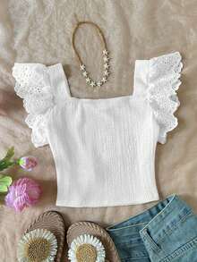 SHEIN 少女时尚夏季网纱刺绣方领T恤 - 白色 - 查看 2