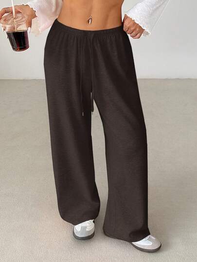 SHEIN PETITE Women's Solid Color Drawstring Waist Soft Knit Loose Casual Pants, Fall/Winter , Baggy Pants Wide Leg Sweatpants Wide Pants Loose Pants