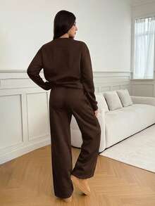 Women's Oversized V-Neck Fluffy Soft Stretch Loose Sweatshirt And Sweatpants 2 Pieces Set, Autumn/Winter Comfy Two Piece Set Brown Two Piece Set Women, Tall Women - Brown - View 4
