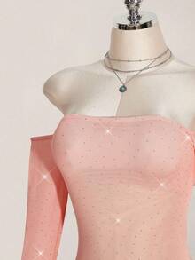 SHEIN ICON 女士纯色水钻装饰露肩长袖连体衣 - 粉色 - 查看 4