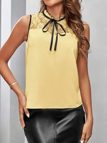 SHEIN Clasi Women's Fashionable Elegant Lace Patchwork Sleeveless Blouse Yellow Top For Women Elegant Yellow Top Blouse Yellow Summer Top Yellow Sexy Top Yellow Butter Top - Light Yellow - View 5
