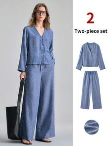 Ontre Conjunto de blusa de manga larga holgada de cuello en V y pantalones, de tela suave y transpirable, en azul, para mujer - Primavera/Verano 2026, Estilo urbano moderno y elegante para uso casual en la oficina - Azul Marino - Ver 1