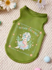 PETSIN 1pc Cute Mermaid Letter Printed Pet Tank Top Green Skin Friendly Breathable Pet Clothes - Green - View 1