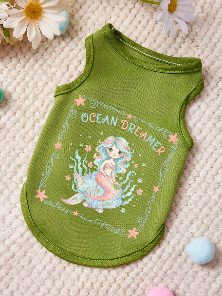 PETSIN 1pc Cute Mermaid Letter Printed Pet Tank Top Green Skin Friendly Breathable Pet Clothes - Green - View 1