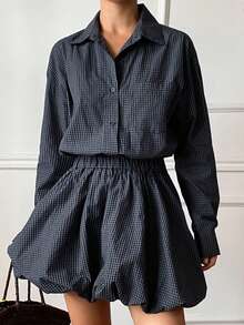 DAZY Plaid Elastic Waist Ruched Hem Shirt Dress, Casual Vacation Dress For Women, Long Sleeve, Spring/Autumn - Blue - View 7