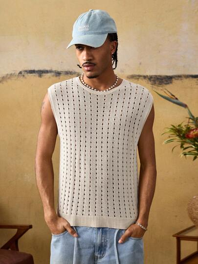 ROMWE MEN Street Life Áo vest nam dệt kim cổ tròn màu trơn, kiểu dáng casual, khoét lỗ