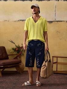 ROMWE MEN Men's Turndown Collar Short Sleeve Casual Loose Knit Jacquard Top - Yellow - View 6