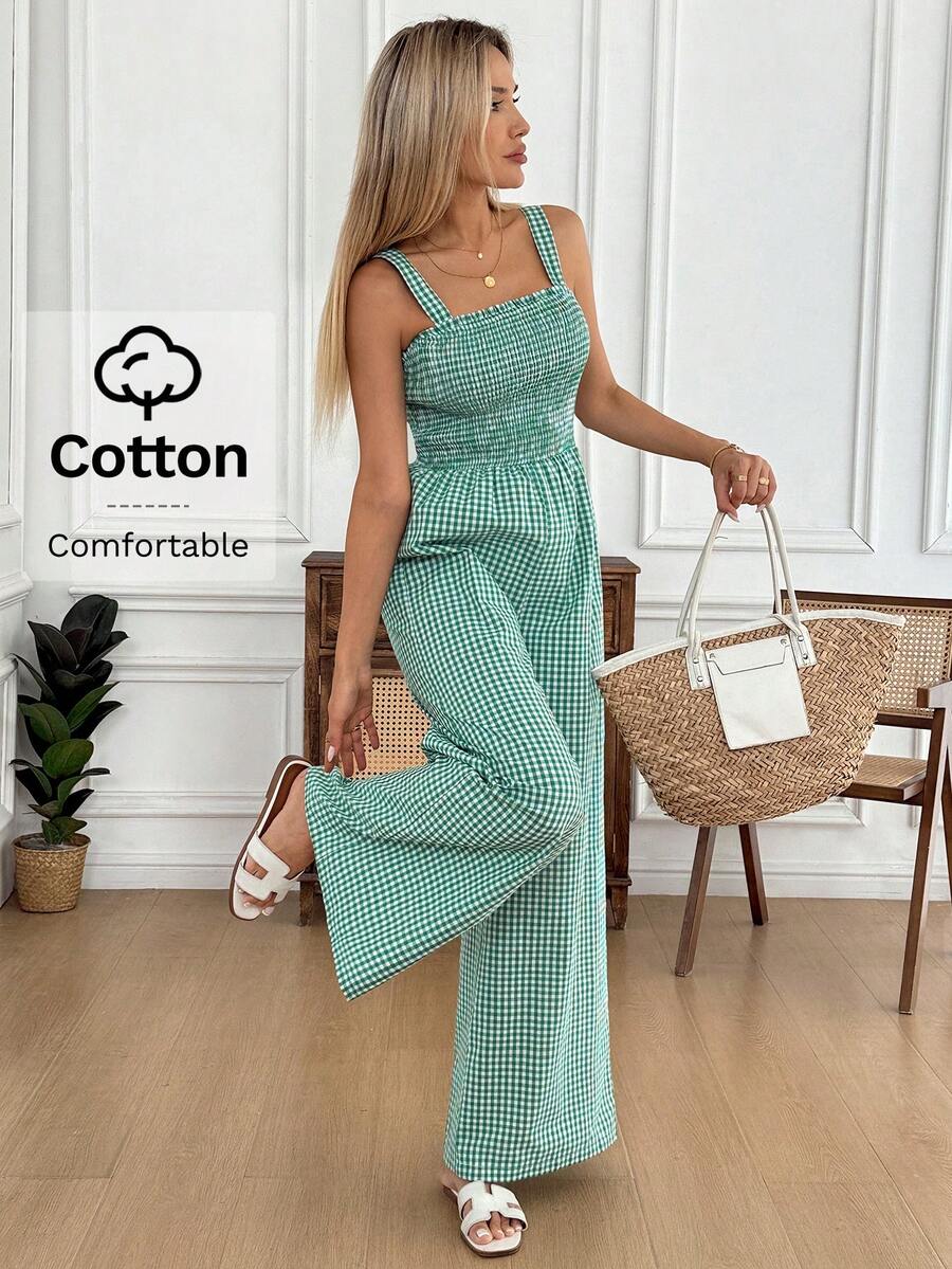 Easowa Women's Green Plaid Cotton Jumpsuit, Chest Shirred Design, Suitable For Romantic, Countryside, Casual Vacations And Daily Casual Wear, Spring/Summer Vacation/Boho/Sexy - Multicolor - View 1