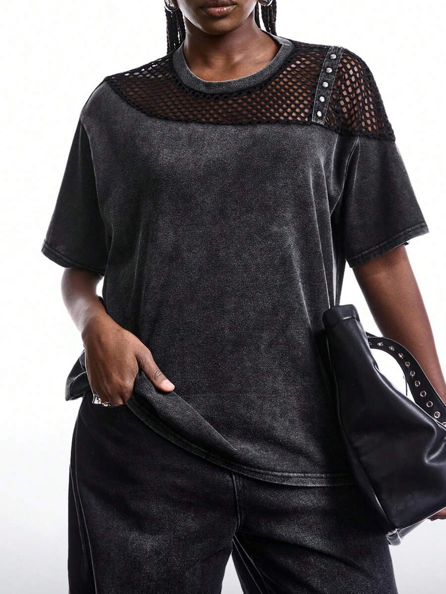 SHEIN EZwear Áo thun dáng rộng phối lưới cỡ lớn, áo lưới mùa xuân/hè cho nữ, áo thun oversized nữ, áo thun oversized nữ kiểu rách. - Màu xám đen - Xem 1