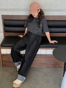 Dazy Kids 少女条纹字母印花休闲日常圆领短袖T恤 - 藏蓝色 - 查看 2