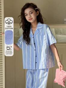 Dazy Kids Bộ đồ ngủ cho bé gái tuổi teen, gồm áo và quần ngắn tay cổ ve áo kẻ sọc, cài cúc một hàng. - Màu xanh lam - Xem 1