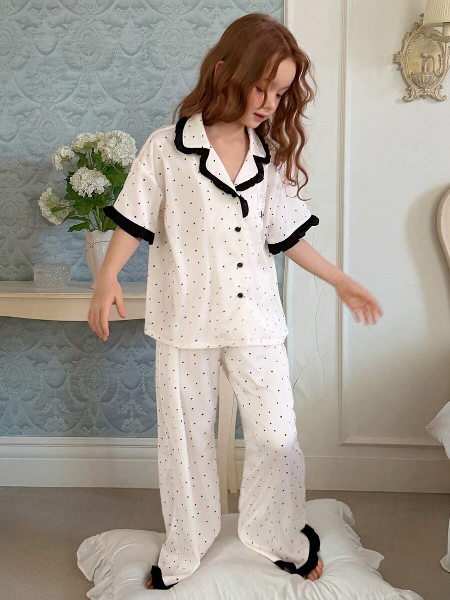 DAZY Tween Girls Spring/Summer New Polka Dot All-Over Print Bow Embroidered Short Sleeve Top And Pants Loungewear Set - Black and White - View 1