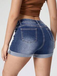 SHEIN Essnce Shorts vaqueros rasgados para mujer, moda minimalista, apropiados para el verano - Azul - Ver 2