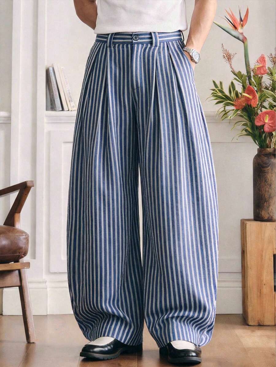 SWAVVY Men's Casual Vacation & Commute Contrast Stripe Print Pleated Loose Wide Leg Pants - Multicolor - View 1