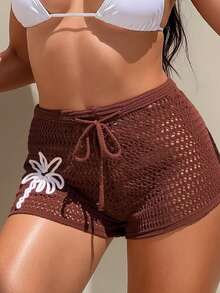 Swim Vcay Quần short đi biển dệt kim kiểu dáng thời trang, thanh lịch, họa tiết cây dừa 3D dành cho nữ, thích hợp cho kỳ nghỉ. - Cà phê nâu - Xem 2