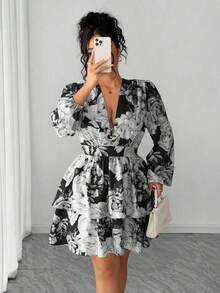 Elenzga Plus Size Women Floral V-Neck Petal Sleeve Double Ruffle Hem Dress - Black - View 5