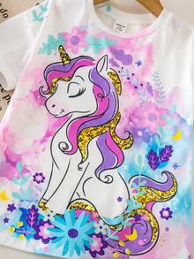 SHEIN Babygirl Cute Casual Knit Cartoon Pattern Short Sleeve Dress, Summer - Multicolor - View 3