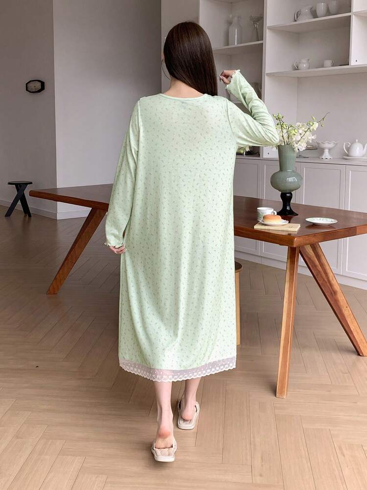 Lace Patchwork Ditsy Floral Long Sleeve Dress, Women Spring Casual Loungewear