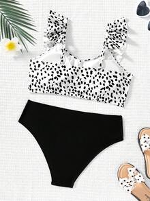SHEIN Tween Girls' Summer Fashion Beach Vacation Polka Dot Floral Print Ruffle Trim Bikini Set - Black and White - View 2