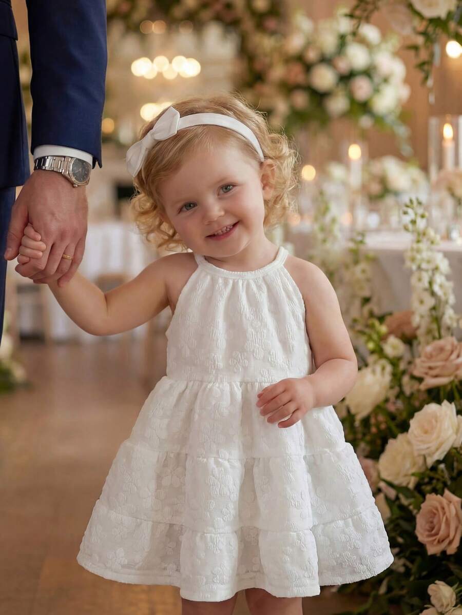 SHEIN Vintaside Kids 女婴碎花图案纹理面料无袖连衣裙，适合居家、户外、度假、派对及其他日常场合。