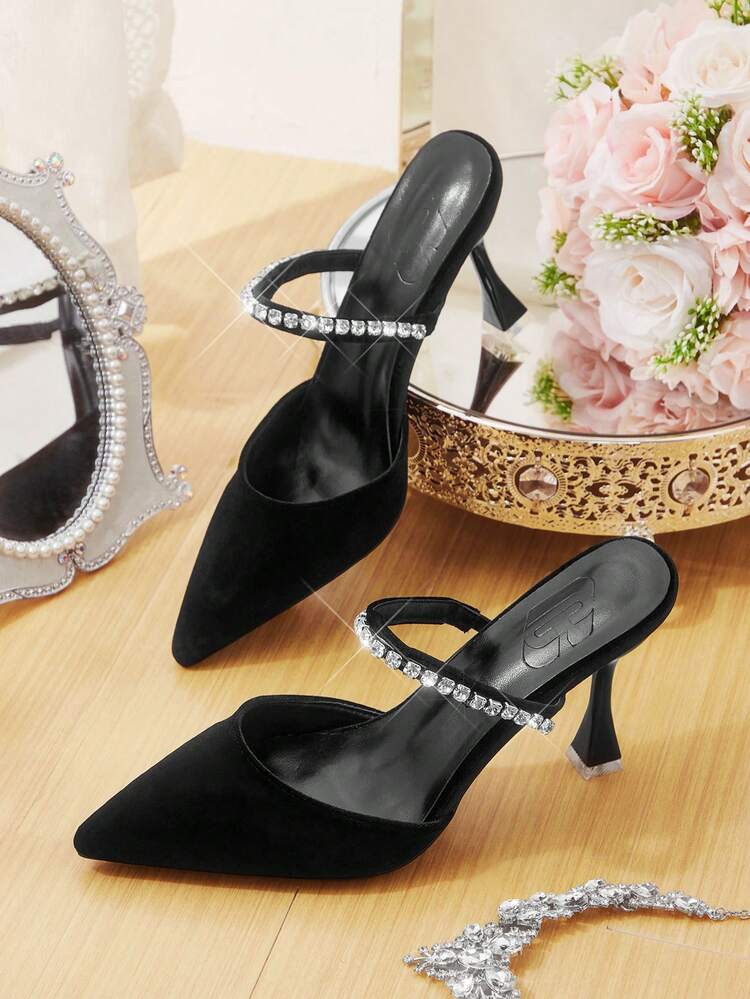CUCCOO HITCHD Women's Pointed Toe Rhinestone Velvet High Heel Shoes, Elegant Luxury Formal Dress Mules, Suitable For Wedding Bride, Guest, Party, Valentine's Day Elegant Shoes Wedding Shoes