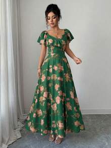 Elenzga Ruffled Waist A-Line Ditsy Floral Elegant French Style Dress - Green - View 4