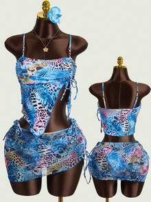 Zestiva 女士豹纹系带不对称下摆性感露脐吊带比基尼三件套，沙滩假日派对风格 - 彩色 - 查看 7