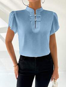 SHEIN Clasi Áo sơ mi nữ kiểu Trung Quốc cài cúc, tay áo họa tiết hoa cánh hoa, kiểu dáng đơn giản, thích hợp cho mùa hè, kỳ nghỉ hoặc tiệc tùng. - Màu xanh lam - Xem 3