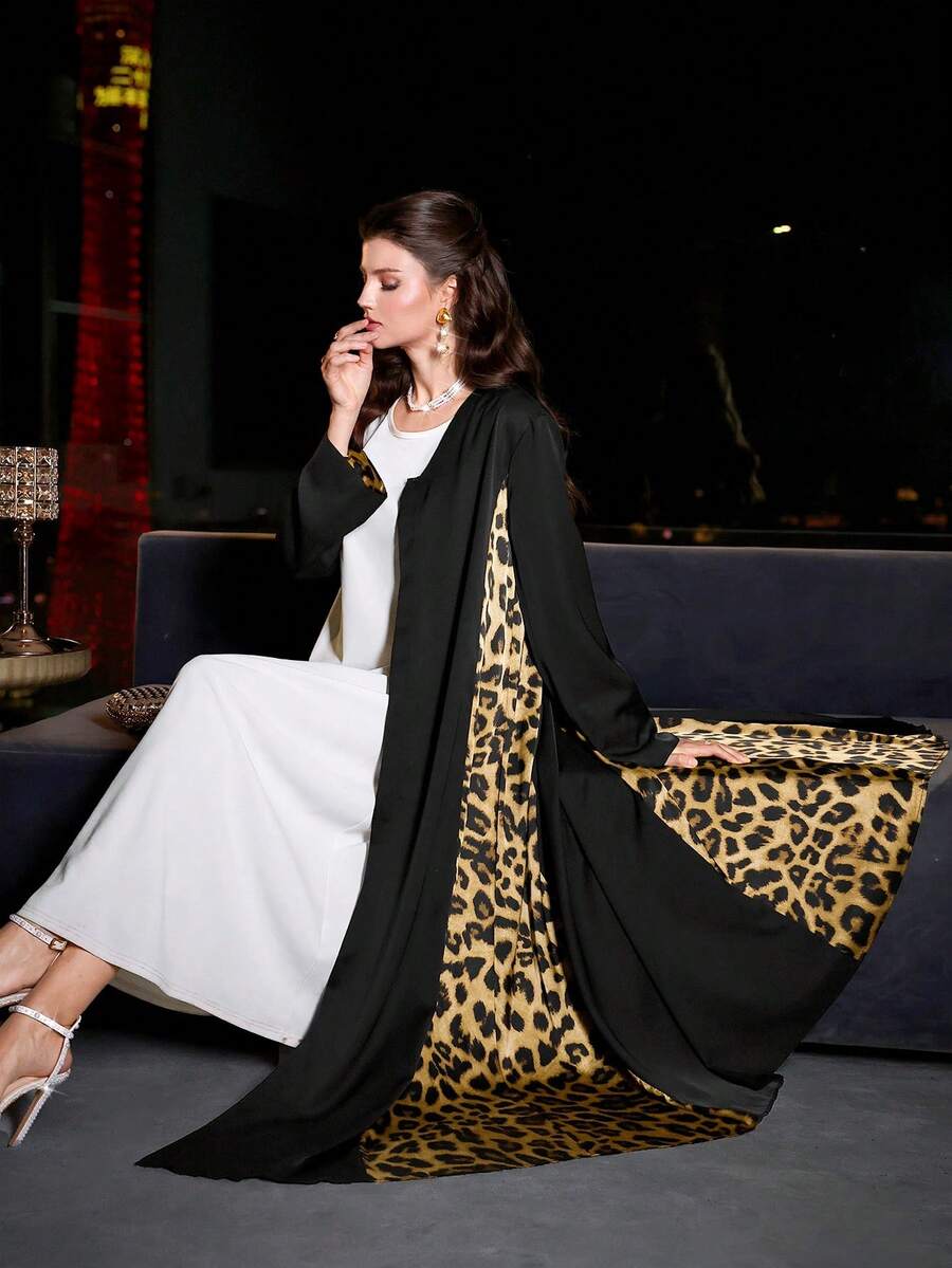 SHEIN Najma Women's Loose Elegant Casual Leopard Print Robe For Daily Wear - Black - View 1