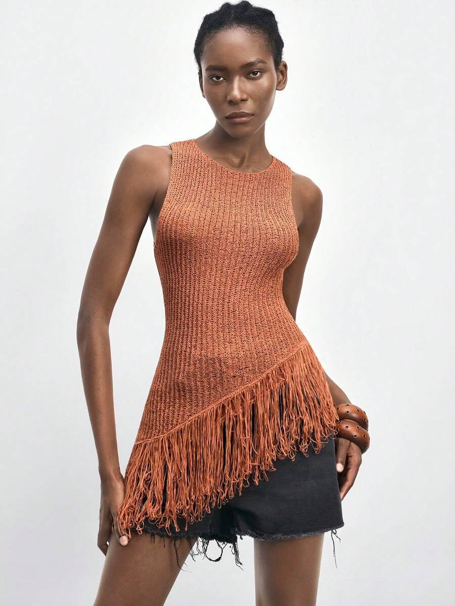 Maija Women Orange Sleeveless Fringed Hem Knit Top - Coral Orange - View 1