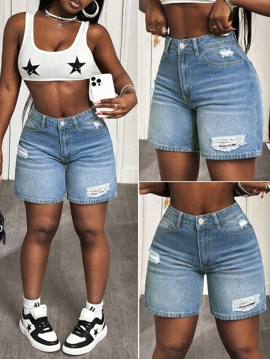 SHEIN CURVE+ Quần short denim rách màu xanh dương gợi cảm dành cho nữ cỡ lớn, thích hợp cho mùa hè. - Rửa trung bình - Xem 1