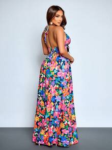 SOLERSUN Vestido largo de verano estilo boho con estampado tropical, cuello en V profundo, espalda descubierta, drapeado y abertura en el muslo, con estampado botánico - Multicolor - Ver 2