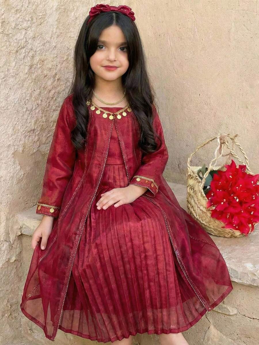 SHEIN Conjunto de chaqueta y vestido de manga larga elegante para niña preadolescente - Rojo - Ver 1