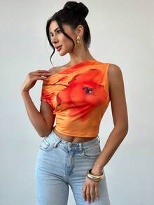 Firerie Elegant Women's Orange Floral Asymmetric One Shoulder Short Sleeve Cropped T-Shirt,Boho Summer Top For Beach Vacation,Holiday,Afternoon Tea Crop Top - Multicolor - View 8