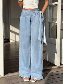 Sunnyshic 女士休闲度假抽绳腰阔腿牛仔裤 - 藍色 - 查看 4