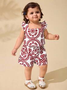 Travachic KIDS Baby Girl & Mom Matching Ditsy Floral Square Neck Ruffled Camisole And Shorts Set, 2pcs, Suitable For Vacation, Outing, Travel,Kids - Red - View 6