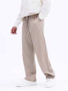 SUMWON Men Relaxed Drawstring Ribbed Textured Pull On Wide Leg Casual Pants With Side Pockets Elastic Waist Lounge - Khaki - View 4