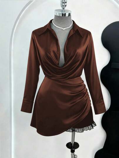 Franclia Fashionable Little Black Dress Shirt Collar Party Sexy Waist Cinched Long Sleeve A-Line Dress