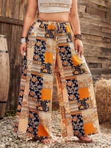Ceyna Plus Size Straight Loose Drawstring Pants, Multi-Color, Suitable For Spring & Summer Music Festival Pants Boho Pants For Women Patchwork Pants Bohemian Trousers Wide Leg Pants Woman High Waist Boho Women's Clothing - Multicolor - View 4