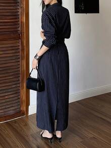 DAZY Women's Striped Long Sleeve Button-Up Shirt And A-Line Skirt Casual 2-Piece Set - Navy Blue - View 8