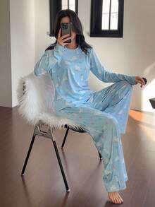 DAZY 两件套可爱小狗图案宽松长袖T恤和直筒长裤睡衣套装，春季女士睡衣 - 淺藍色 - 查看 5