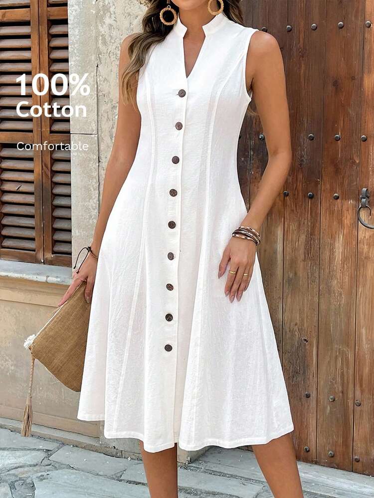 Plus Size Elegant Minimalist Front Button Sleeveless White Midi Dress, Suitable For Commuting In Summer Button Dress Summer Dress White Button Up Dress White Summer Dress Women 100 Cotton Dress White Vintage Dress Italian Summer Dress, Summer Dresses
