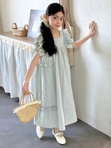 Dazy Kids Vestido de verano informal con volantes en las mangas para niñas preadolescentes, estilo vacacional de unicolor - Verde - Ver 9