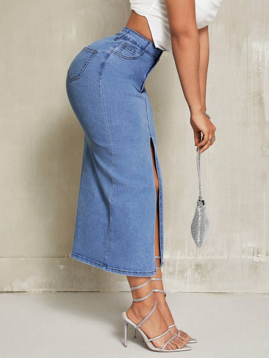 SHEIN SXY Women's Solid Color Minimalist Casual Denim Skirt - Blue - View 1