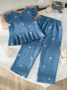 Elladie kids 2件套女童夏季新款圆领蝴蝶结刺绣印花泡泡袖荷叶边下摆衬衫和直筒短裤休闲复古时尚套装 - 藍色 - 查看 2