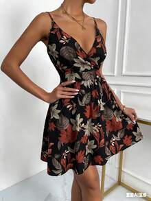 EMERY ROSE Vestido de verano con estampado floral y cuello en V sin mangas para mujer - Negro - Ver 5