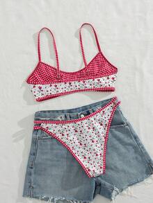 Swim Vcay Summer Vacation Beach Sexy Floral Plaid Reversible Spaghetti Strap Bikini Set - Multicolor - View 6